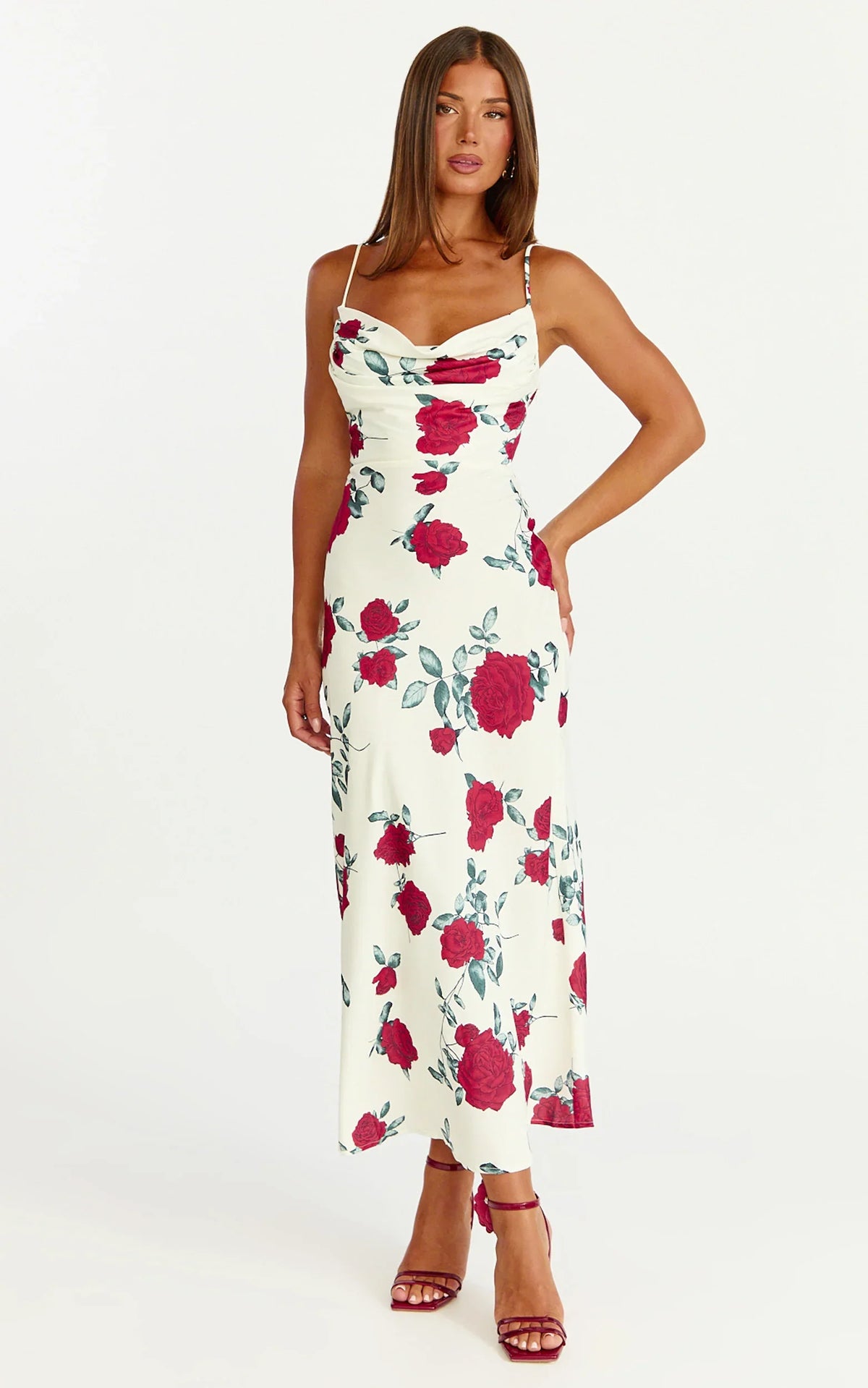 Dahlia Midi Dress - Cowl Neck A Line Dress in Scarlet Rose Print